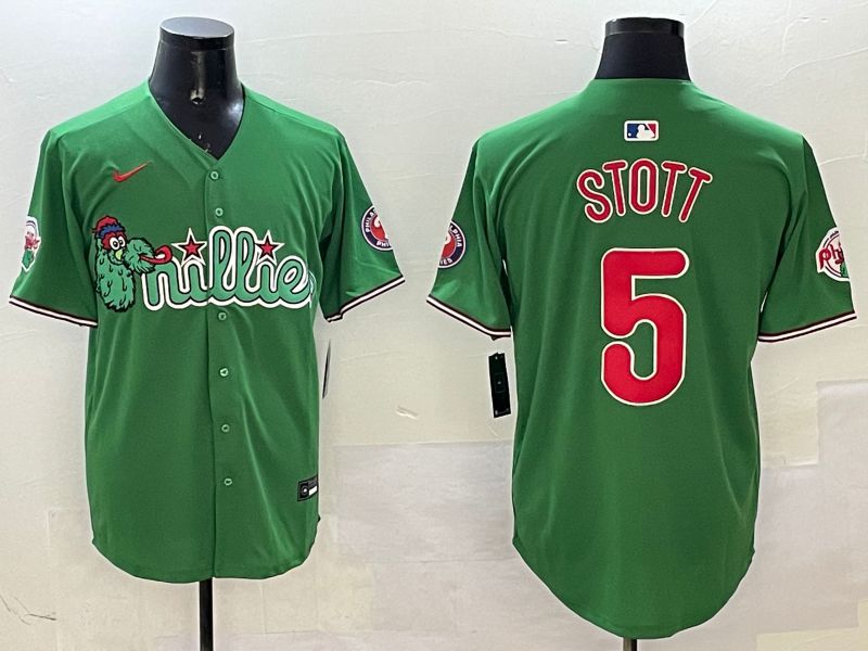 Men Philadelphia Phillies 5 Stott Green Three generations Joint Name Game 2025 Nike MLB Jersey style 1